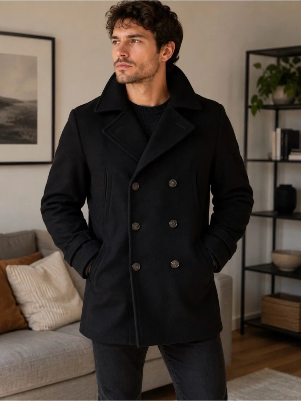 Ralph Lauren Black Double-Breasted Wool Peacoat